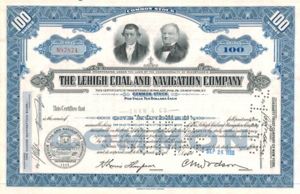 Lehigh Coal and Navigation Company Share Certificate, 1955 Lehigh Coal and Navigation Company Share Certificate, 1955