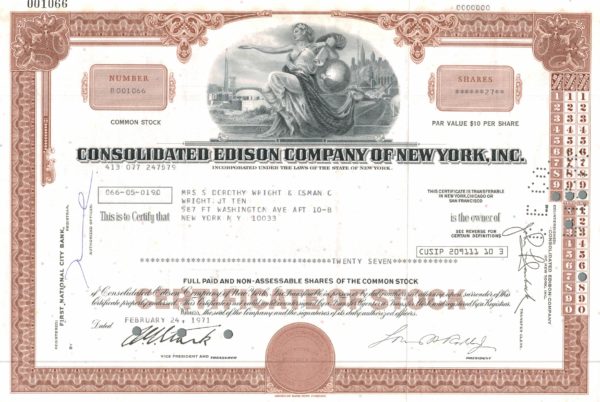 Consolidated Edison Company of New York, Inc. Share Certificate, 1971 Consolidated Edison Company of New York, Inc. Share Certificate, 1971