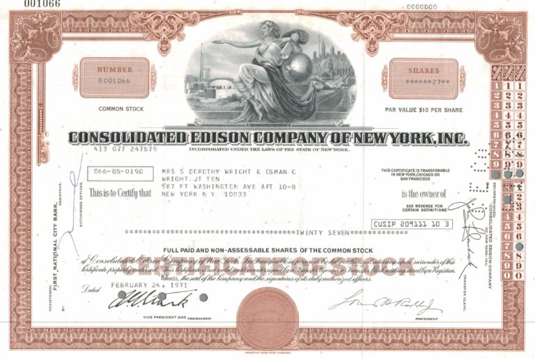 Consolidated Edison Company of New York, Inc. Share Certificate, 1971