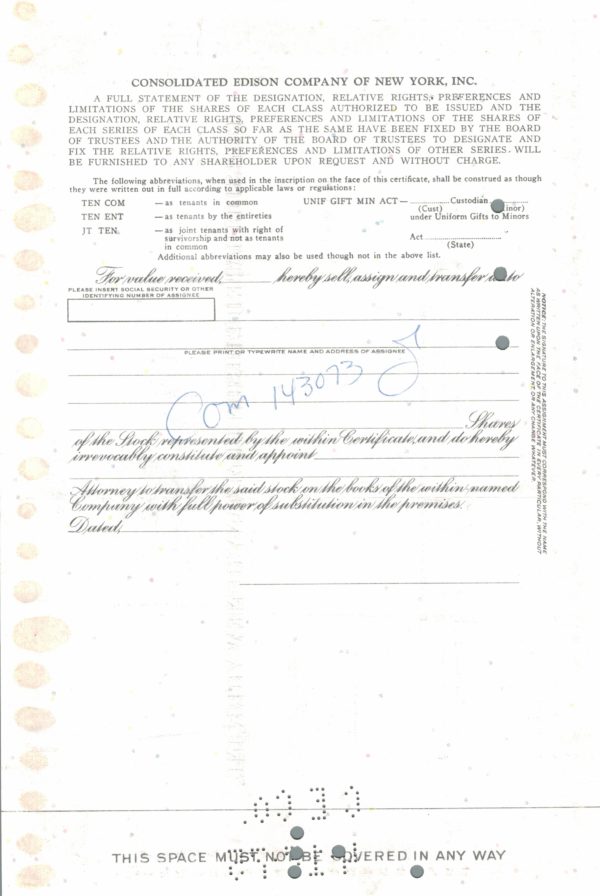 Consolidated Edison Company of New York, Inc. Share Certificate, 1971 Consolidated Edison Company of New York, Inc. Share Certificate, 1971