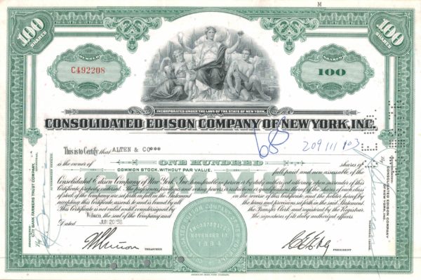 Consolidated Edison Company of New York, Inc. Share Certificate, 1958 Consolidated Edison Company of New York, Inc. Share Certificate, 1958