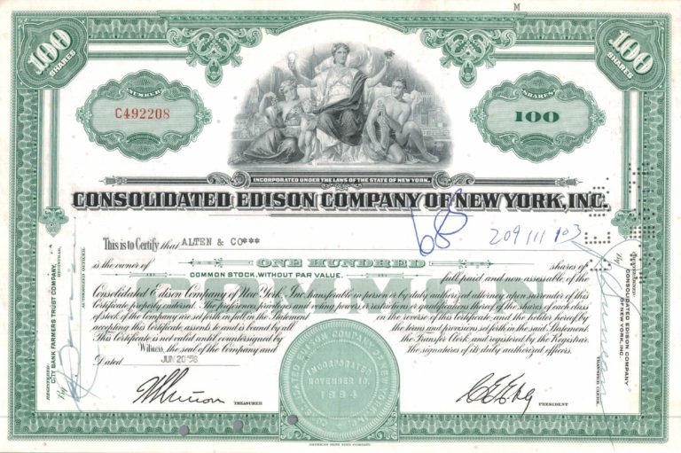 Consolidated Edison Company of New York, Inc. Share Certificate, 1958
