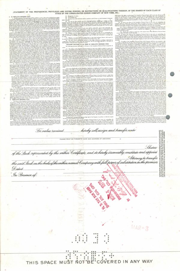 Consolidated Edison Company of New York, Inc. Share Certificate, 1958 Consolidated Edison Company of New York, Inc. Share Certificate, 1958