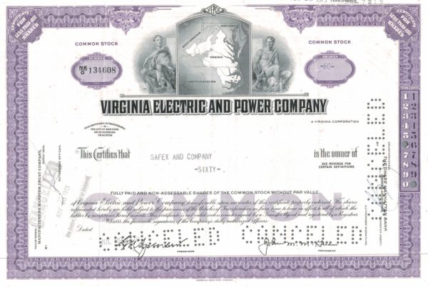 Virginia Electric and Power Company Share Certificate, 1970 Virginia Electric and Power Company Share Certificate, 1970