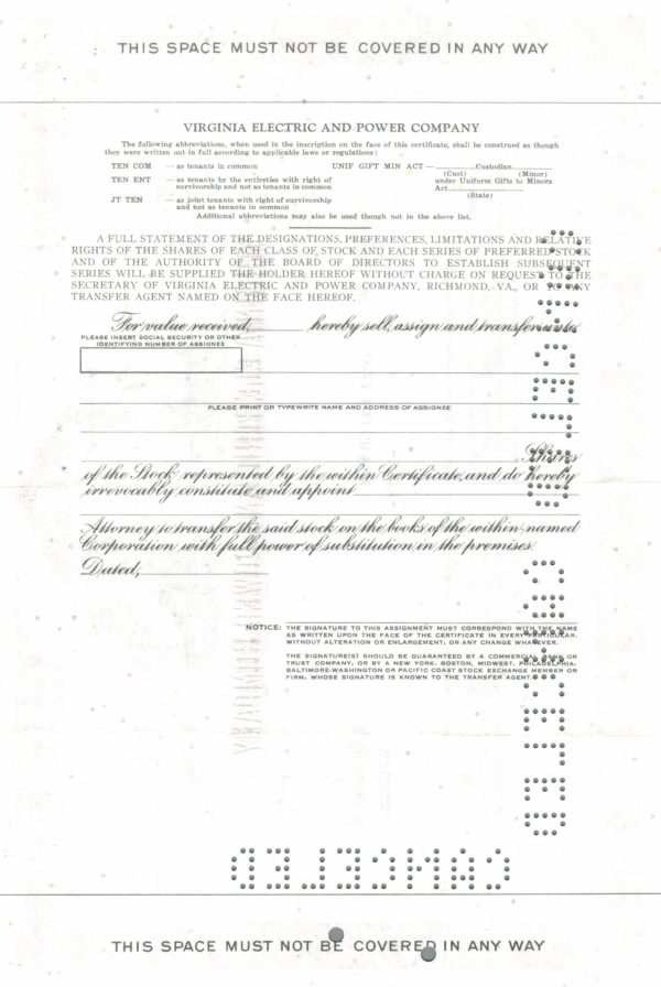 Virginia Electric and Power Company Share Certificate, 1970 Virginia Electric and Power Company Share Certificate, 1970