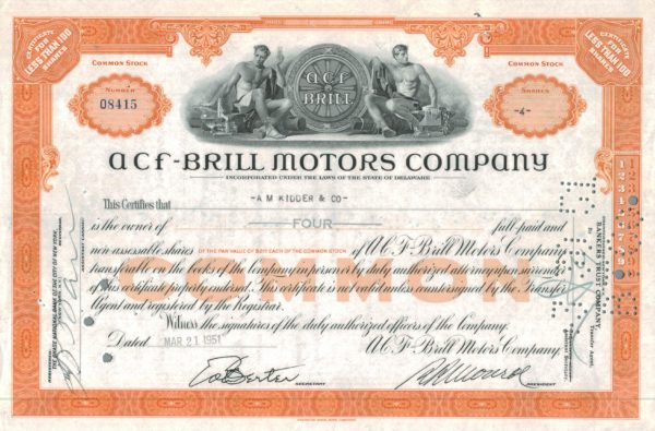 A.C.F.–Brill Motors Company Share Certificate, 1951 A.C.F.–Brill Motors Company Share Certificate, 1951