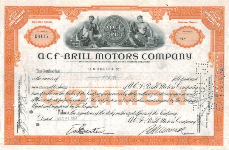 A.C.F.–Brill Motors Company Share Certificate, 1951