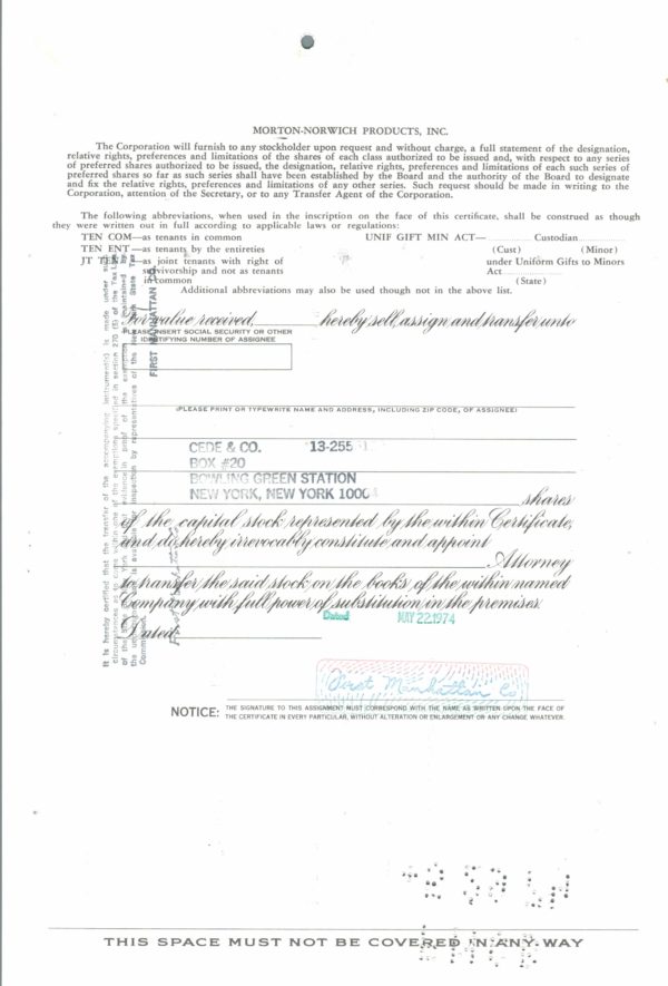 Morton-Norwich Products, Inc. Share Certificate, 1973 Morton-Norwich Products, Inc. Share Certificate, 1973
