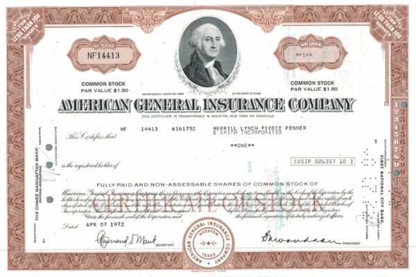 American General Insurance Company Share Certificate, 1972