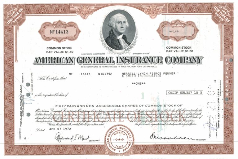 American General Insurance Company Share Certificate, 1972