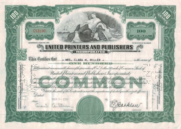 United Printers and Publishers Incorporated Share Certificate, 1955 United Printers and Publishers Incorporated Share Certificate, 1955