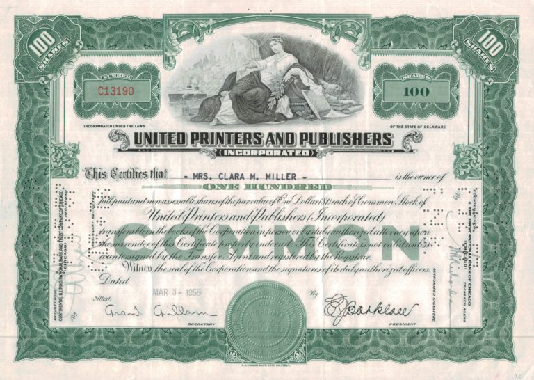 United Printers and Publishers Incorporated Share Certificate, 1955