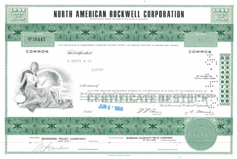 North American Rockwell Corporation Share Certificate, 1969