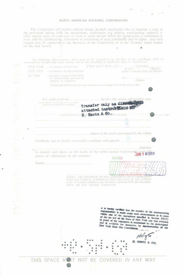 North American Rockwell Corporation Share Certificate, 1969 North American Rockwell Corporation Share Certificate, 1969