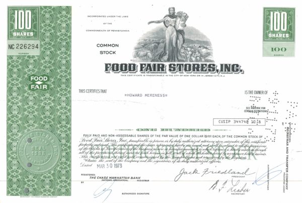 Food Fair Stores, Inc. Share Certificate, 1973 Food Fair Stores, Inc. Share Certificate, 1973