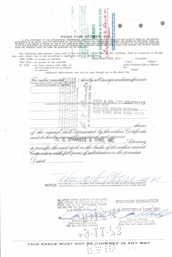 Food Fair Stores, Inc. Share Certificate, 1973 Food Fair Stores, Inc. Share Certificate, 1973