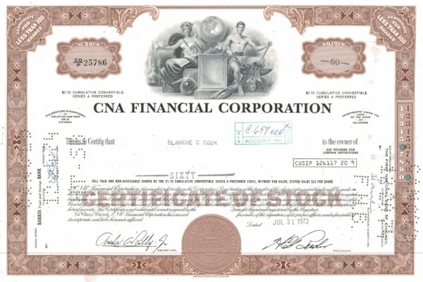 CNA Financial Corporation Preferred Share Certificate, 1973