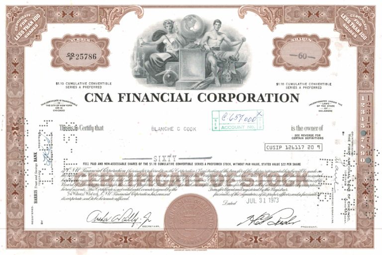 CNA Financial Corporation Preferred Share Certificate, 1973