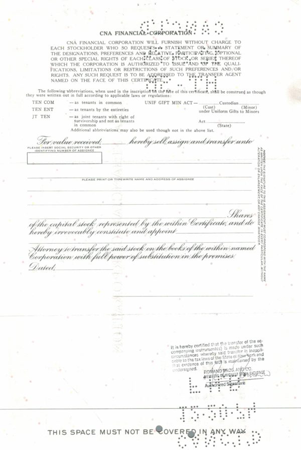 CNA Financial Corporation Preferred Share Certificate, 1973
