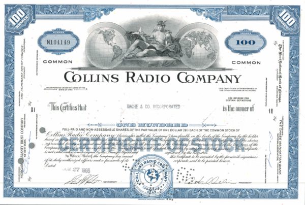 Collins Radio Company 1966 Share Certificate (100 Shares)