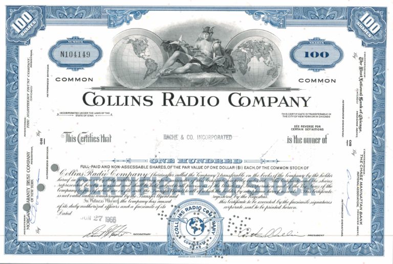 Collins Radio Company 1966 Share Certificate (100 Shares)