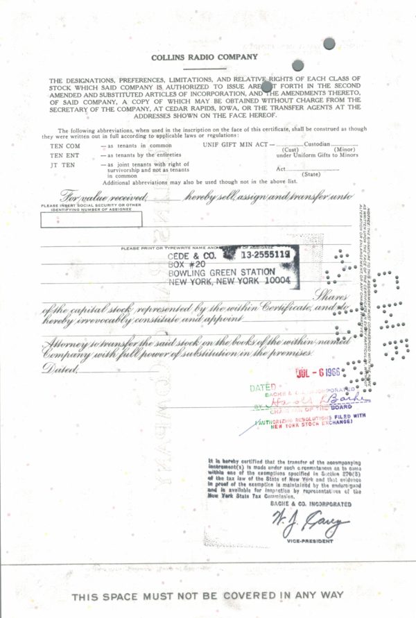 Collins Radio Company 1966 Share Certificate (100 Shares)