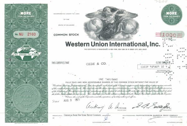 Western Union International, Inc. 1971 Share Certificate (1,000 Shares)