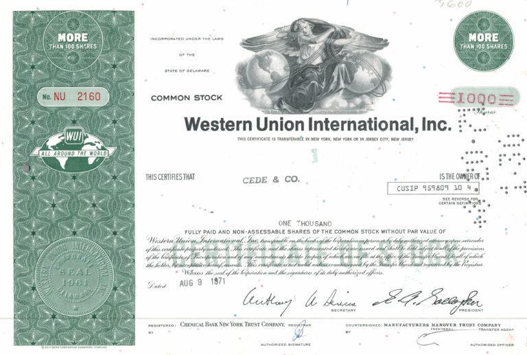 Western Union International, Inc. 1971 Share Certificate (1,000 Shares)