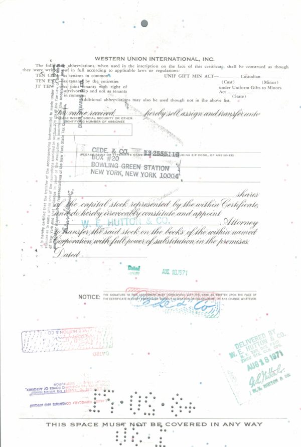 Western Union International, Inc. 1971 Share Certificate (1,000 Shares)