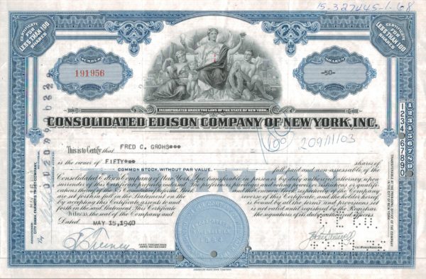Consolidated Edison Company of New York Share Certificate, 1940