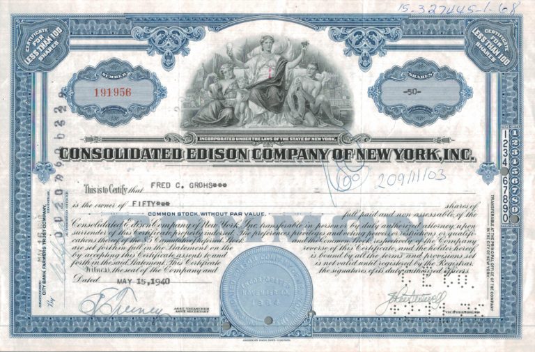 Consolidated Edison Company of New York Share Certificate, 1940