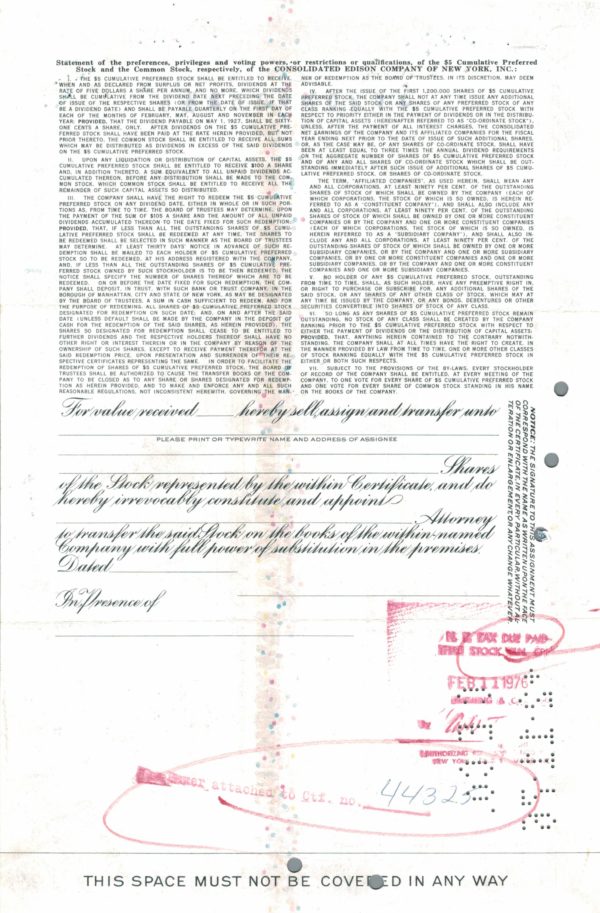 Consolidated Edison Company of New York Share Certificate, 1940
