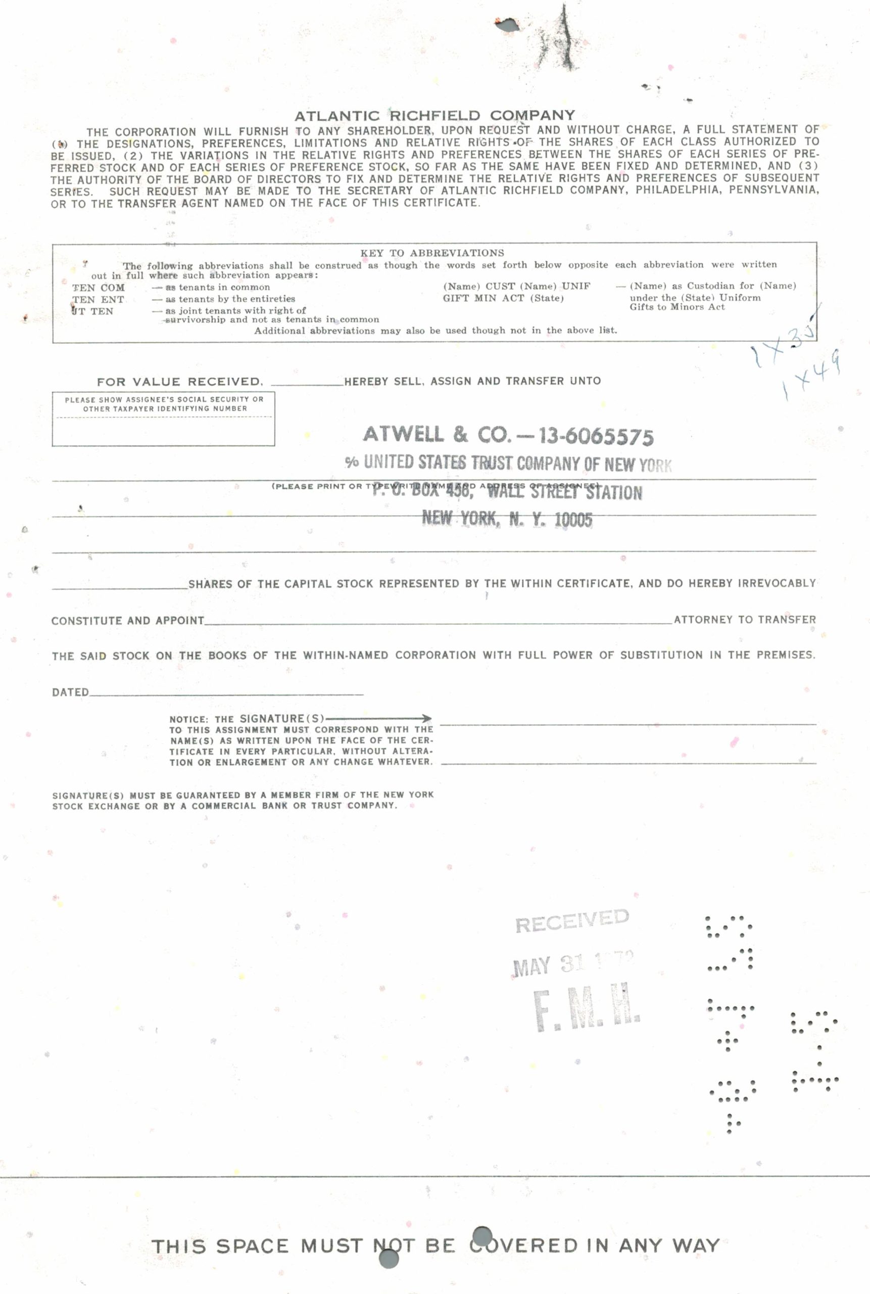 Atlantic Richfield Company Share Certificate, 1970