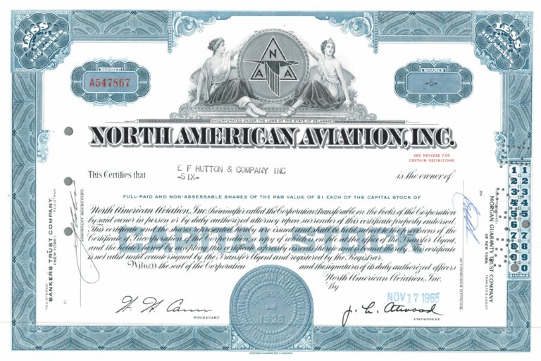North American Aviation, Inc. Share Certificate, 1965
