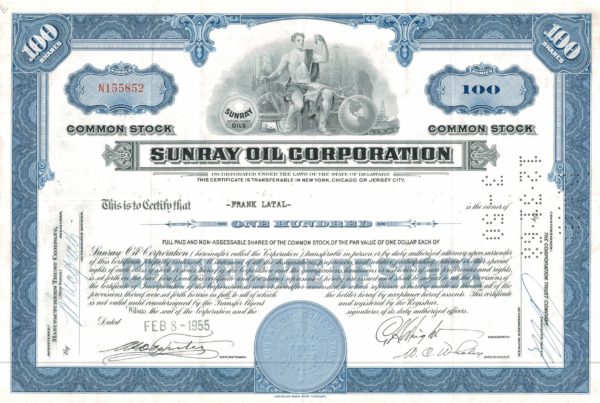 Sunray Oil Corporation Share Certificate, 1955