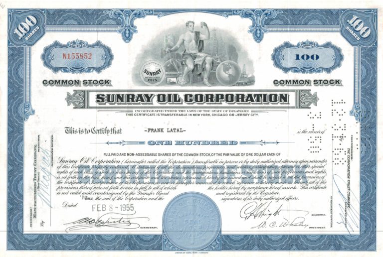 Sunray Oil Corporation Share Certificate, 1955