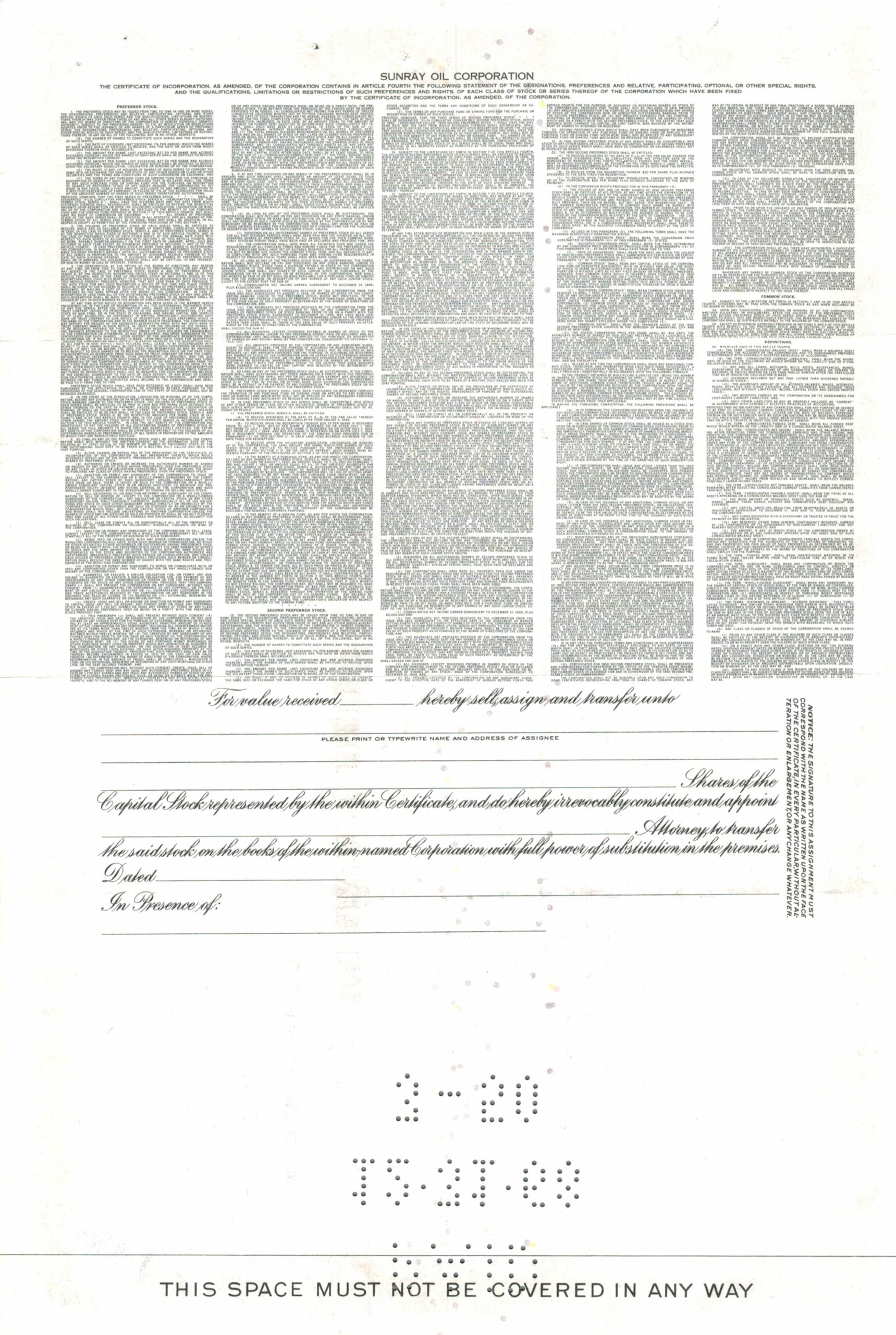 Sunray Oil Corporation Share Certificate, 1955
