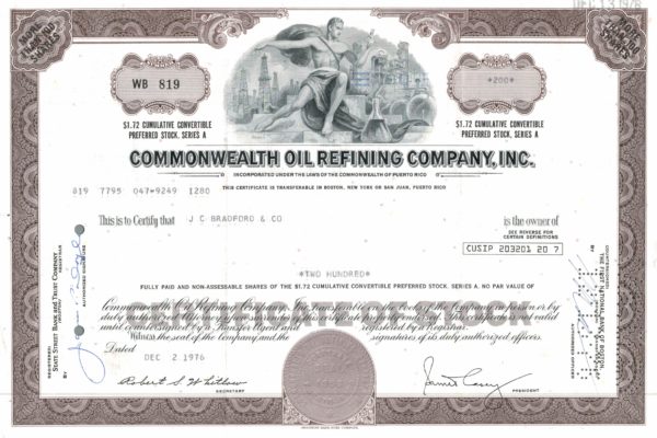 Commonwealth Oil Refining Co. Share Certificate 1976 – 200 Shares