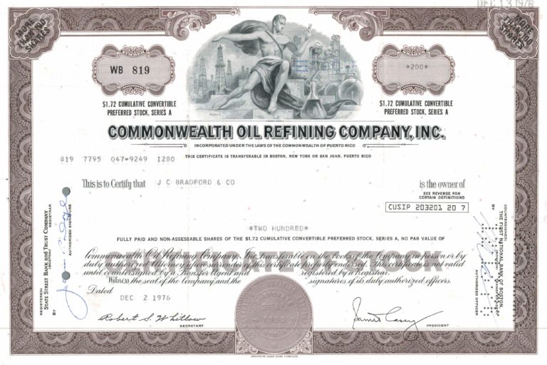 Commonwealth Oil Refining Co. Share Certificate 1976 – 200 Shares