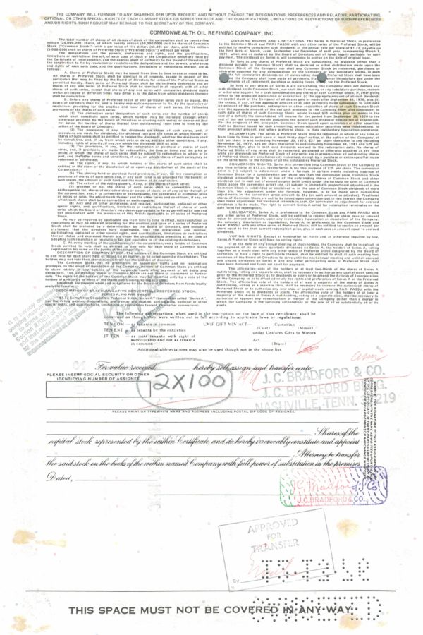 Commonwealth Oil Refining Co. Share Certificate 1976 – 200 Shares