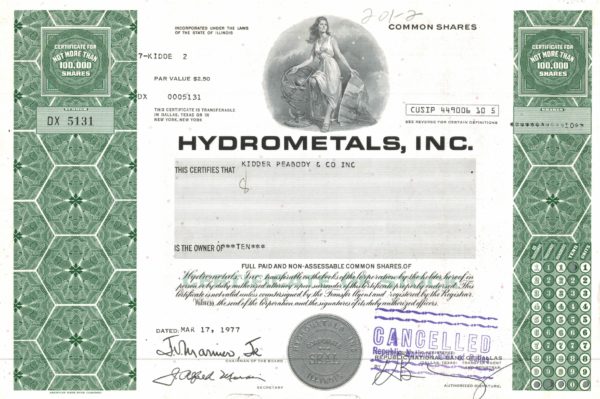 Hydrometals Inc Share Certificate 1977 – 10 Common Shares Hydrometals Inc Share Certificate 1977 – 10 Common Shares