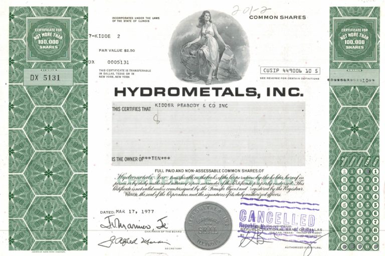 Hydrometals Inc Share Certificate 1977 – 10 Common Shares