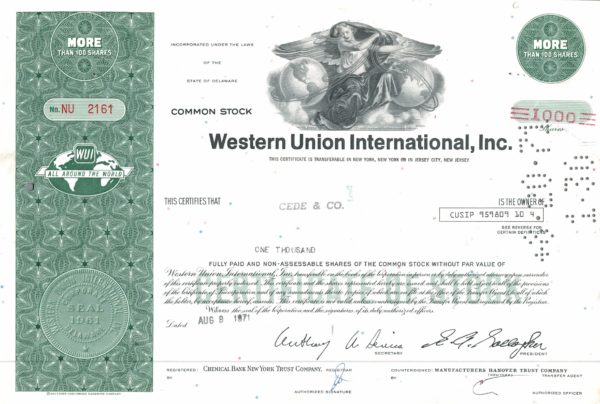 Western Union International Share Certificate 1971 – 1,000 Shares