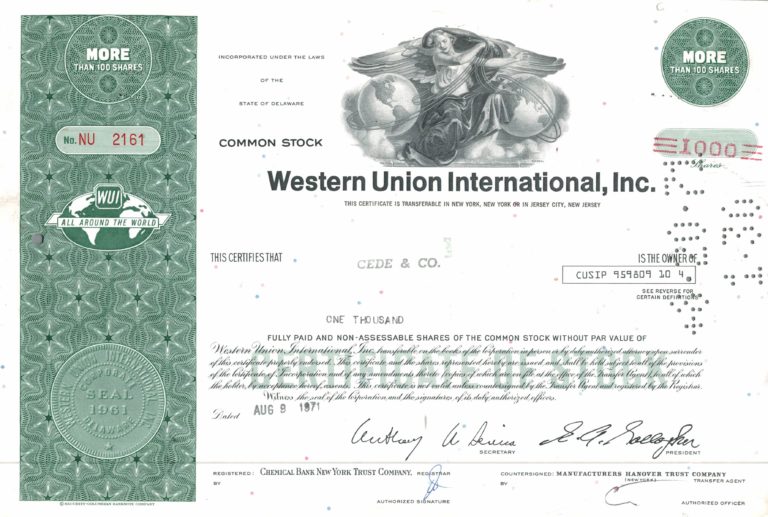 Western Union International Share Certificate 1971 – 1,000 Shares