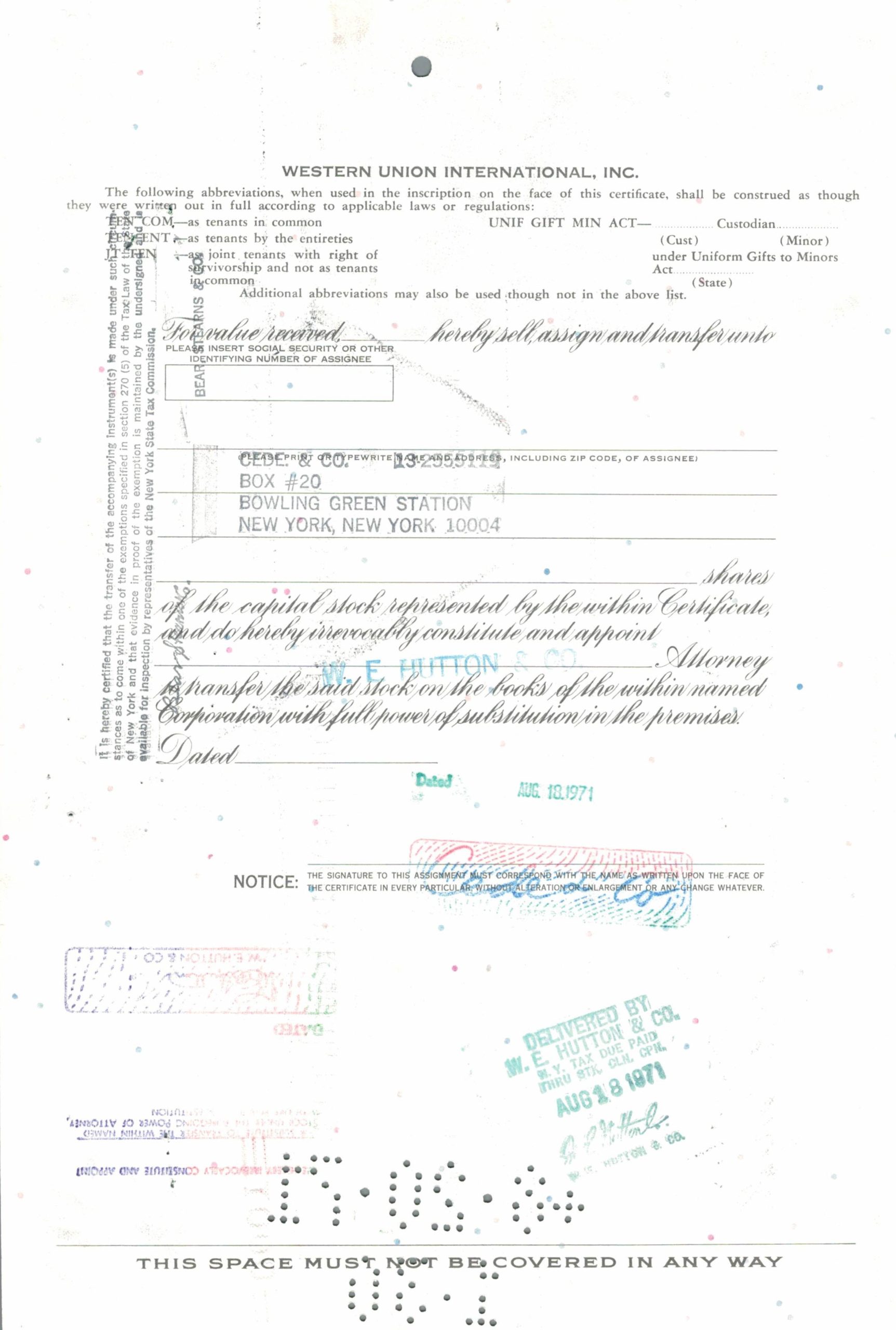 Western Union International Share Certificate 1971 – 1,000 Shares