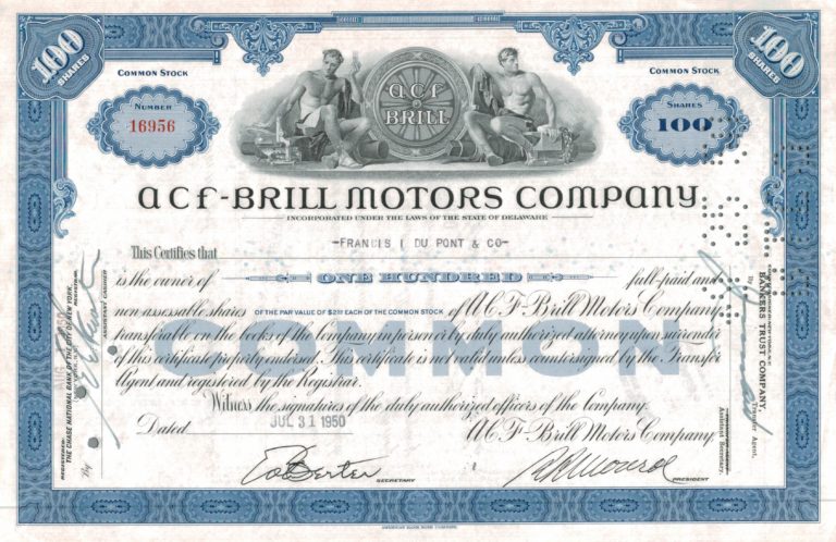 ACF-Brill Motors Company Share Certificate 1950 – 100 Shares