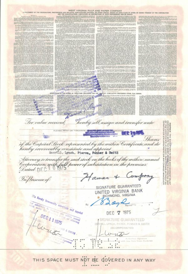 West Virginia Pulp & Paper Company Share Certificate 1958 – 100 Shares