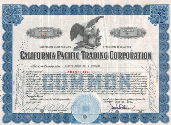 California Pacific Trading Corporation Share Certificate 1929 – 25 Shares