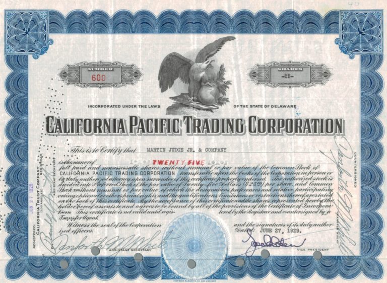 California Pacific Trading Corporation Share Certificate 1929 – 25 Shares