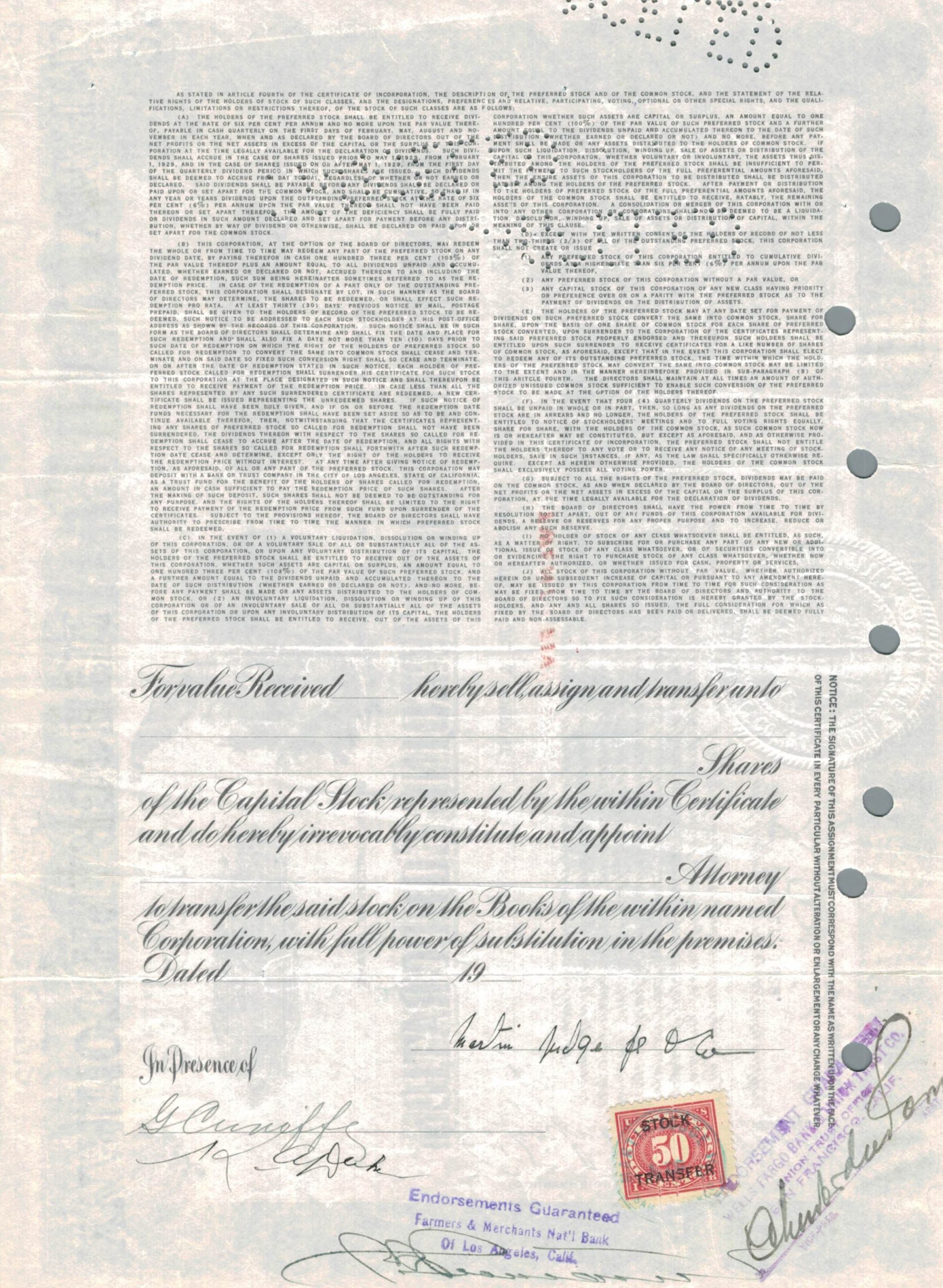 California Pacific Trading Corporation Share Certificate 1929 – 25 Shares